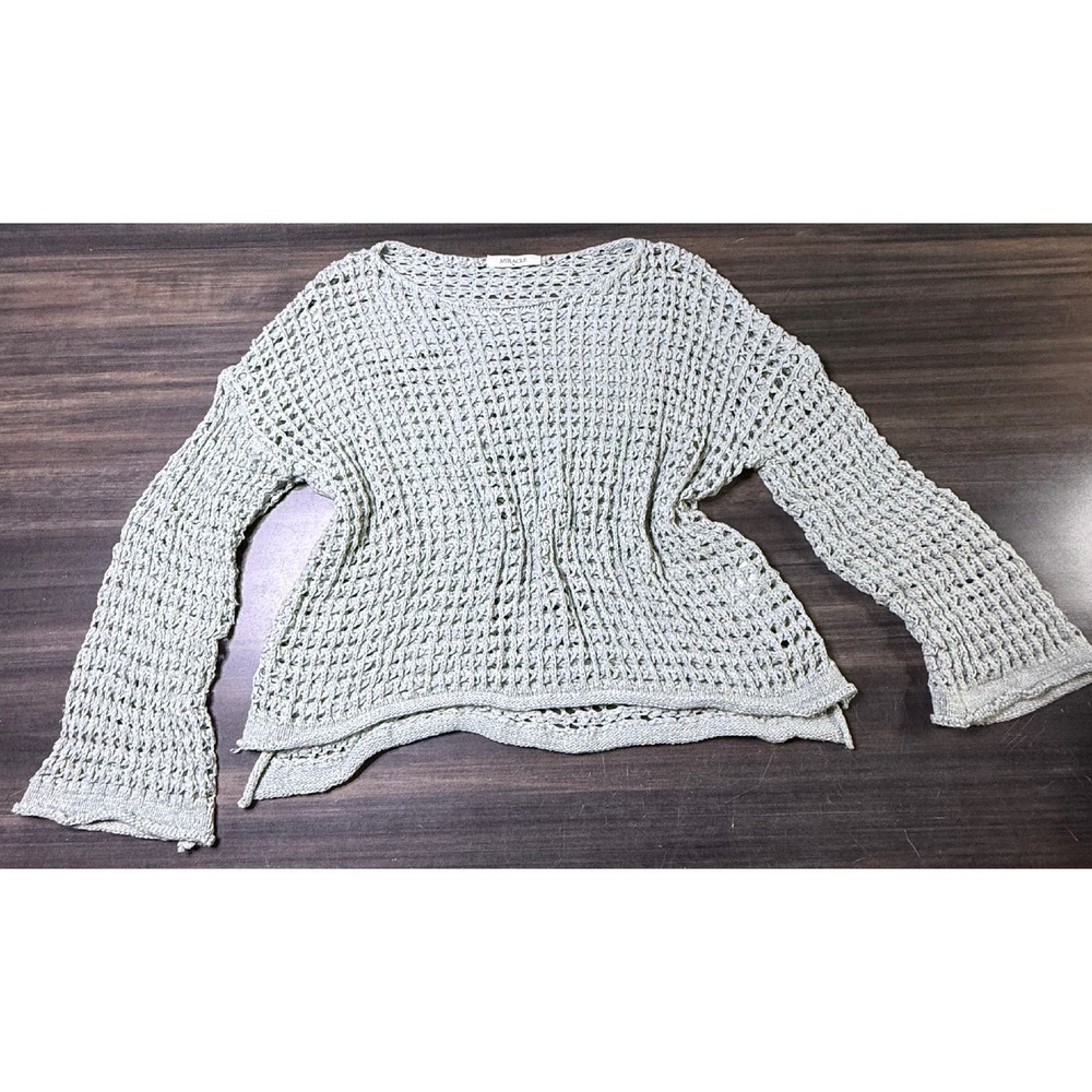 Miracle Crochet Knit Sweater Open Weave Bell Sleeve Sage Green M